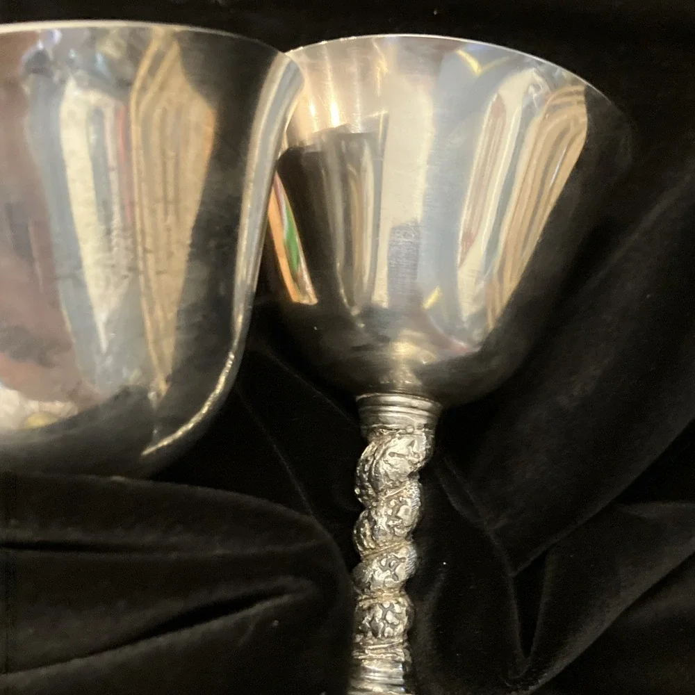 Set Of 2 VTG Silver Tone Twisted Stem Wine Goblets Valero Spain Polished Barware